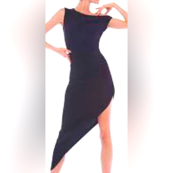 Norma Kamali Asymmetrical Dress Large Black Sleeveless Stretch Ruched Fitted - Picture 1 of 12